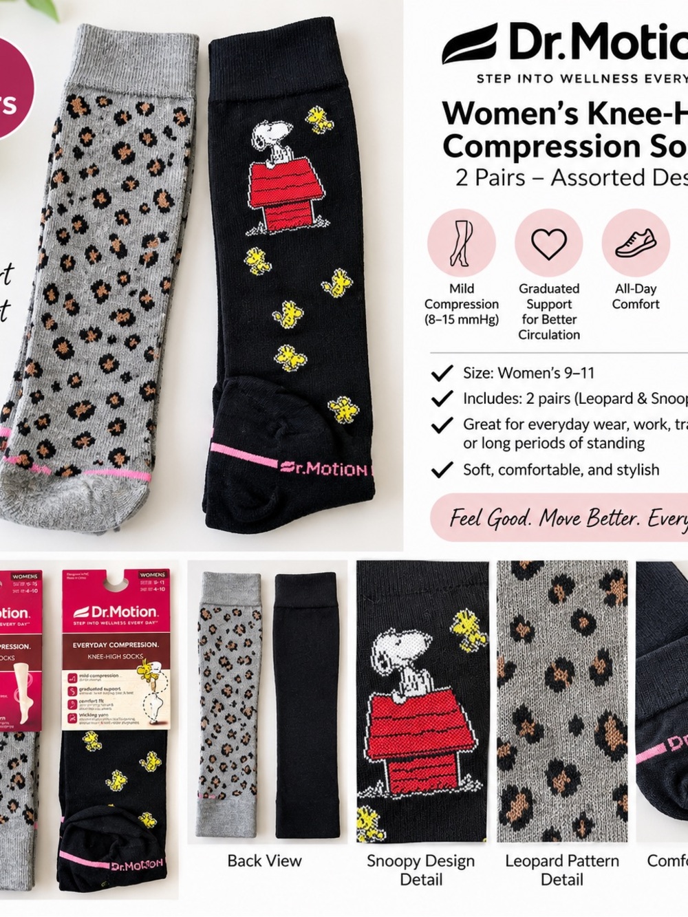 Women Knee-High Compression Socks - Snoopy Black & Gray Leopard (2 Pack)